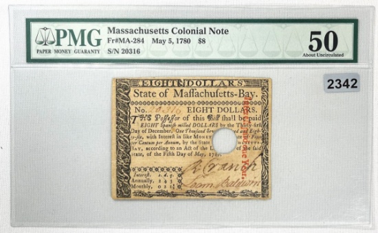 1780 Massachusetts Colonial Note PMG-AU50