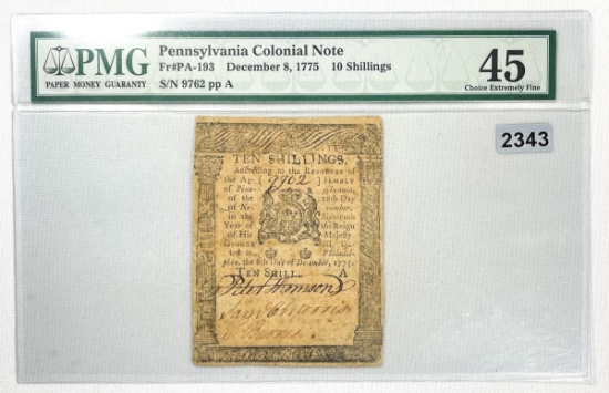 1775 Penn Colonial Note 10 Shillings PMG-CHOICE AU