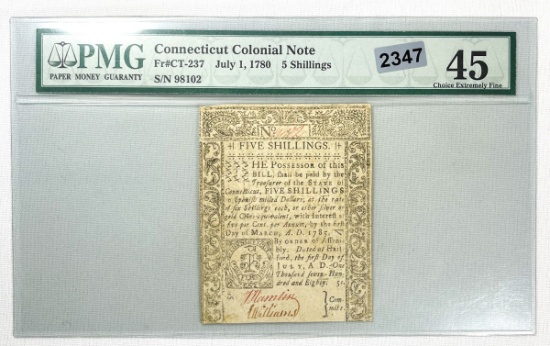 1780 Connecticut Col. Note 5 Shillings PMG-XF45