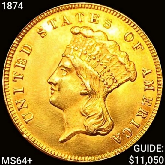 1874 $3 Gold Piece CHOICE BU +