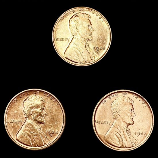(3) Wheat Cents (1909, 1925, 1928-S) UNCIRCULATED