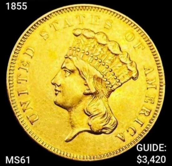 1855 $3 Gold Piece UNCIRCULATED