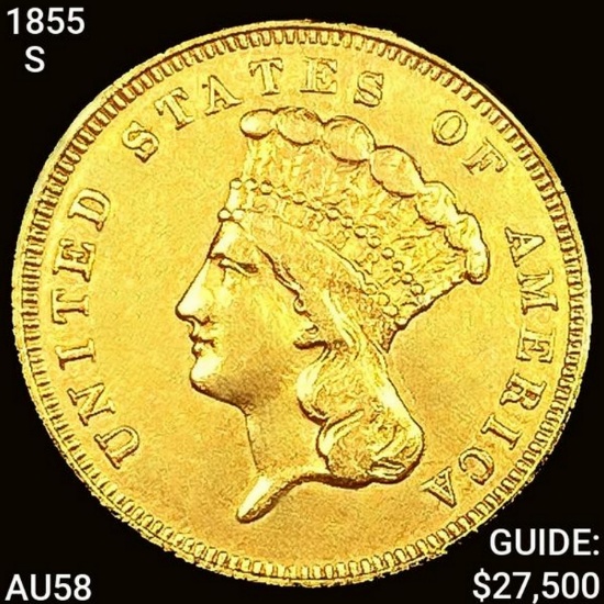 1855-S $3 Gold Piece CHOICE AU