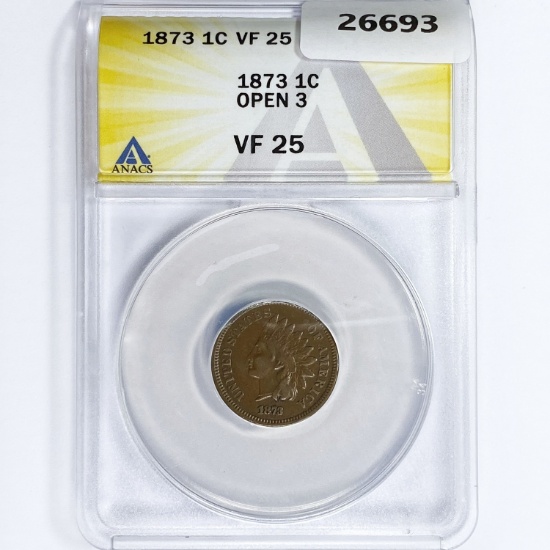 1873 Indian Head Cent ANACS VF25