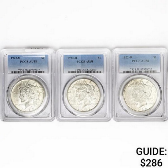 1922-D Set (3) Silver Peace Dollar PCGS AU58