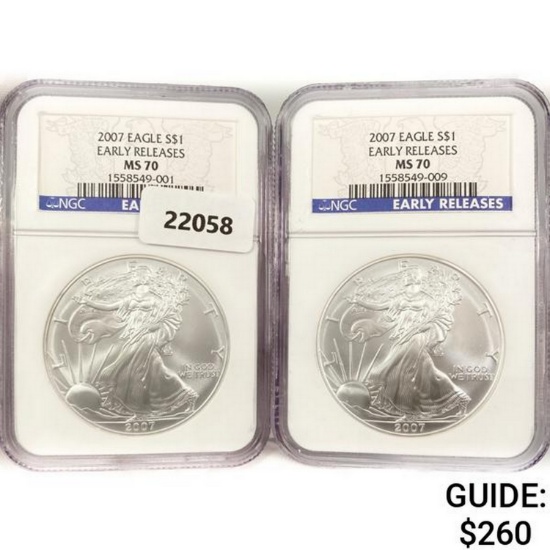 2007 Set (2) American Silver Eagles NGC MS70