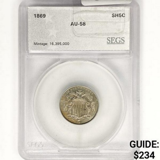 1869 Shield Nickel SEGS AU58