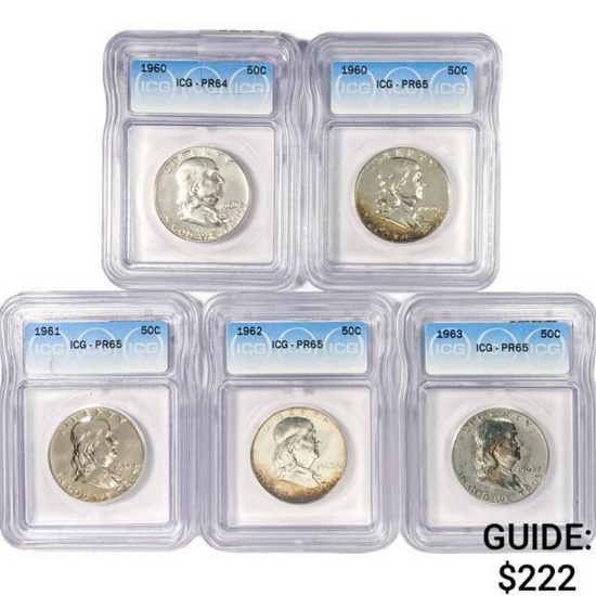 (5) Franklin Silver Half Dollars ICG PR 1960-1963