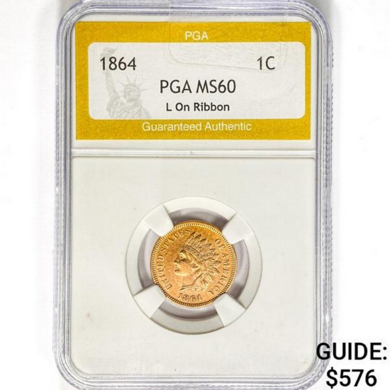 1864 Indian Head Cent PGA MS60 L On Ribbon