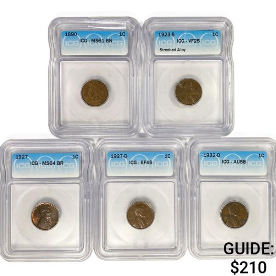 (5) Varied US Cents ICG (1890, 1923-S, 1927, 1927