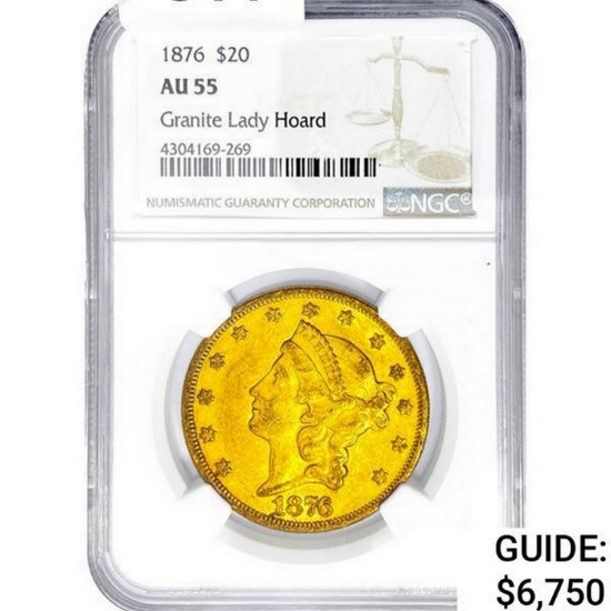 1876 $20 Gold Double Eagle NGC AU55 Granite Lady H