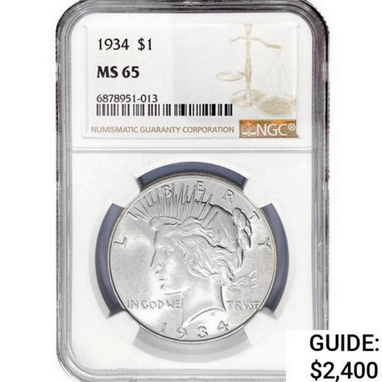 1934 Silver Peace Dollar NGC MS65