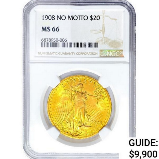 1908 No Motto $20 Gold Double Eagle NGC MS66