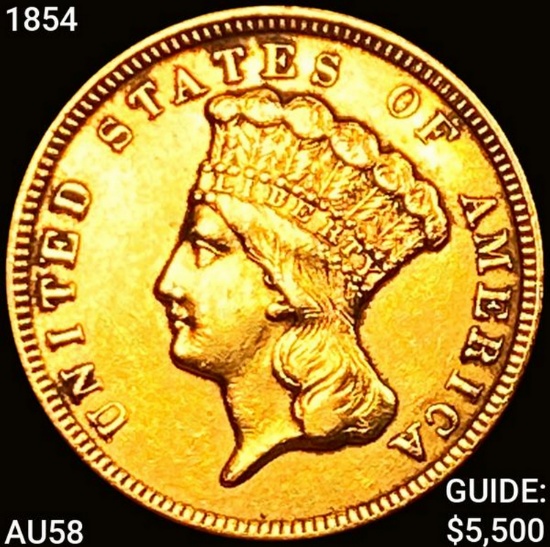 1854 $3 Gold Piece CHOICE AU