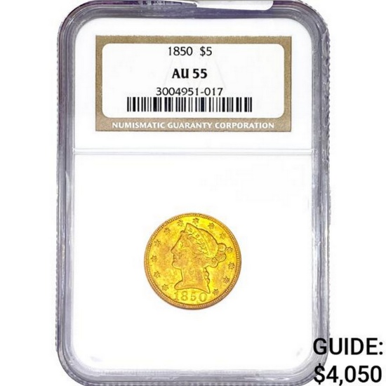 1850 $5 Gold Half Eagle NGC AU55