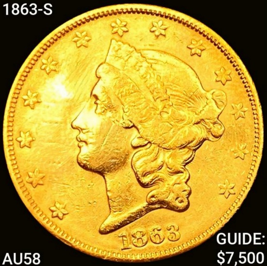 1863-S $20 Gold Double Eagle CHOICE AU