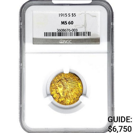 1915-S $5 Gold Half Eagle NGC MS60