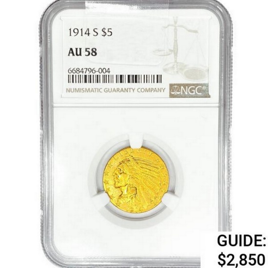 1914-S $5 Gold Half Eagle NGC AU58