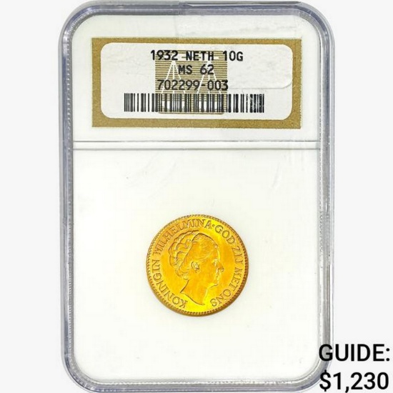 1932 .1947oz. Gold Netherlands 10 Gulden NGC MS62