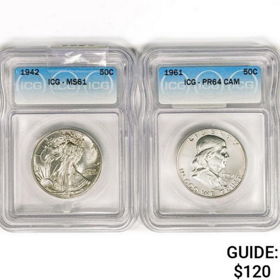 [2] Silver Half Dollars ICG PR,MS 1942-1961