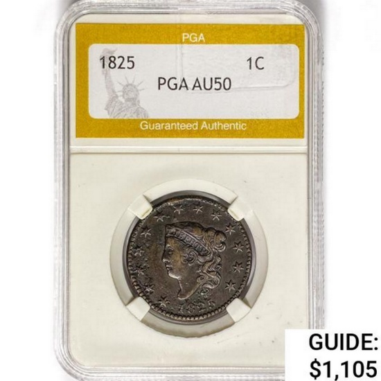 1825 Coronet Head Large Cent PGA AU50