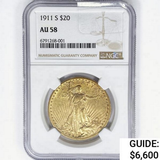 1911-S $20 Gold Double Eagle NGC AU58