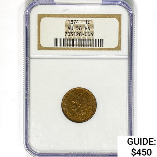 1874 Indian Head Cent NGC AU58