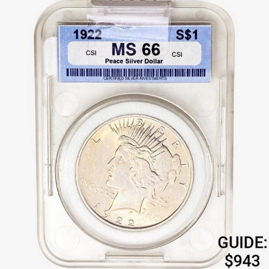 1922 Silver Peace Dollar CSI MS66