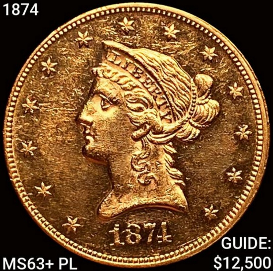1874 $10 Gold Eagle CHOICE BU+ PL