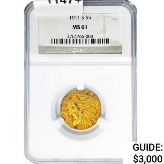 1911-S $5 Gold Half Eagle NGC MS61