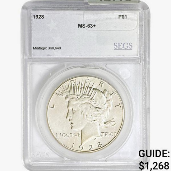 1928 Silver Peace Dollar SEGS MS63+