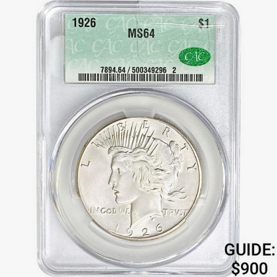 1926 CAC Silver Peace Dollar CAC MS64