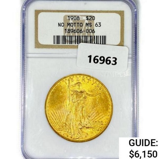 1908 $20 Gold Double Eagle NGC MS63