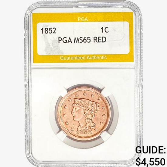1852 Braided Hair Large Cent PGA MS65 RED