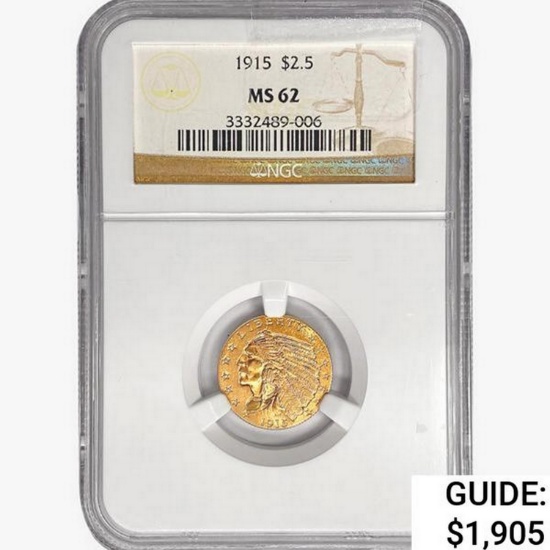 1915 $2.50 Gold Quarter Eagle NGC MS62
