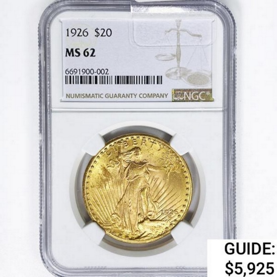 1926 $20 Gold Double Eagle NGC MS62