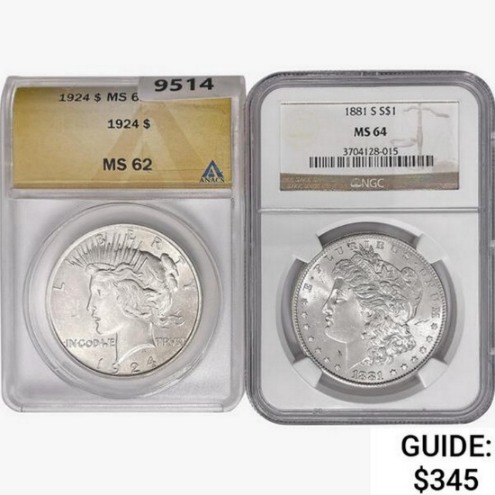 1881, 1924 (Set 2) Morgan & Peace Silver $1  MS