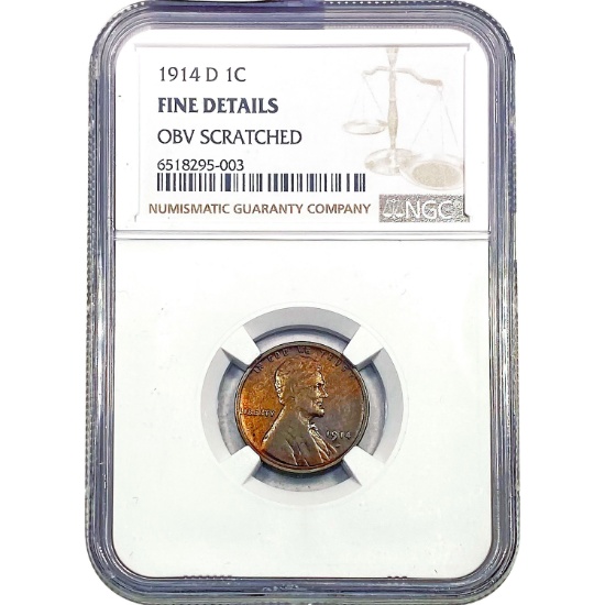 1914-D Wheat Cent NGC F Details OBV. Scratched