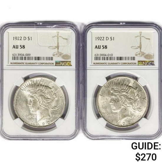 [2] 1922-D Peace Silver Dollars NGC AU58