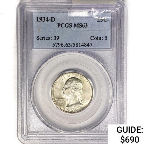1934-D Washington Silver Quarter PCGS MS63