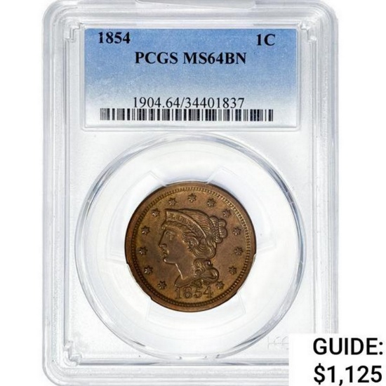1854 Braided Hair Large Cent PCGS MS64 BN