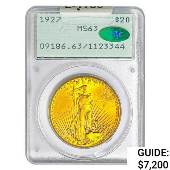 1927 CAC $20 Gold Double Eagle PCGS MS63