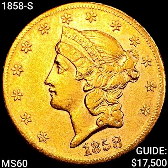 1858-S $20 Gold Double Eagle UNCIRCULATED