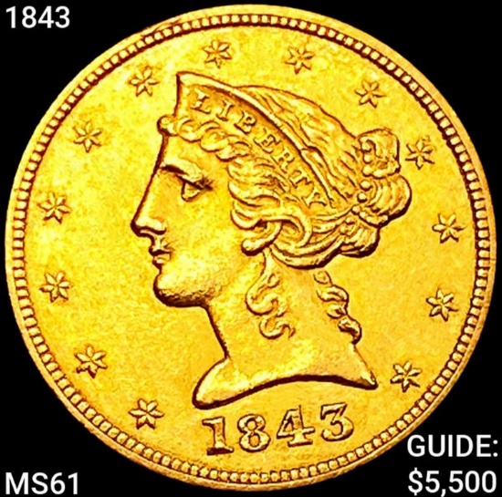 1843 $5 Gold Half Eagle UNCIRCULATED