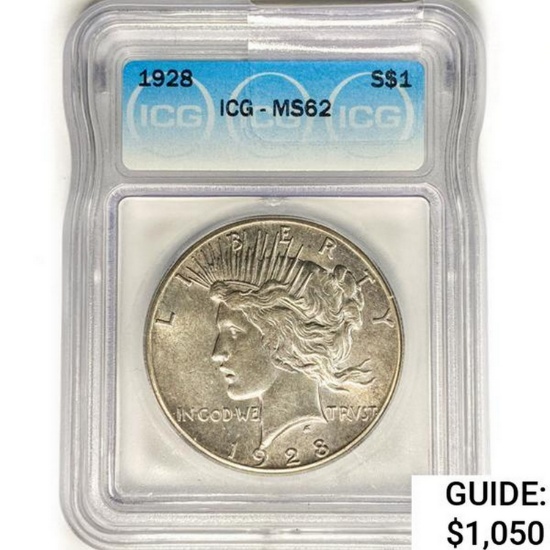 1928 Silver Peace Dollar ICG MS62