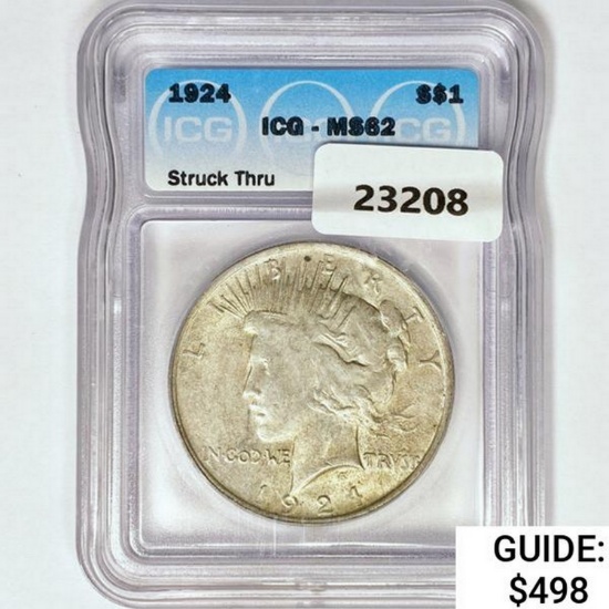 1924 Silver Peace Dollar ICG MS62 Struck Thru