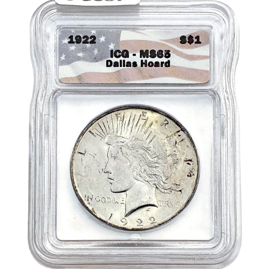 1922 Silver Peace Dollar ICG MS65 Dallas Hoard