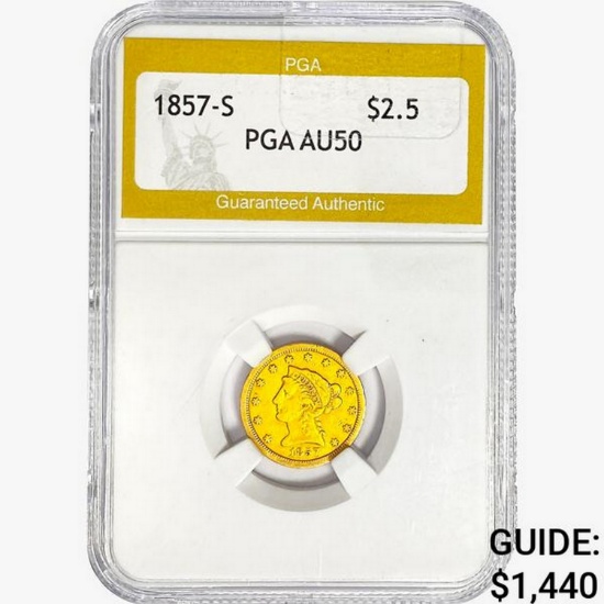 1857-S $2.50 Gold Quarter Eagle PGA AU50