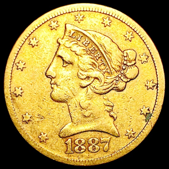 1887-S $5 Gold Half Eagle LIGHTLY CIRCULATED
