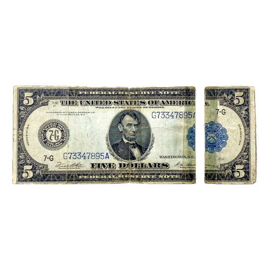 1914 $5 Fed. Reserve Note Torn